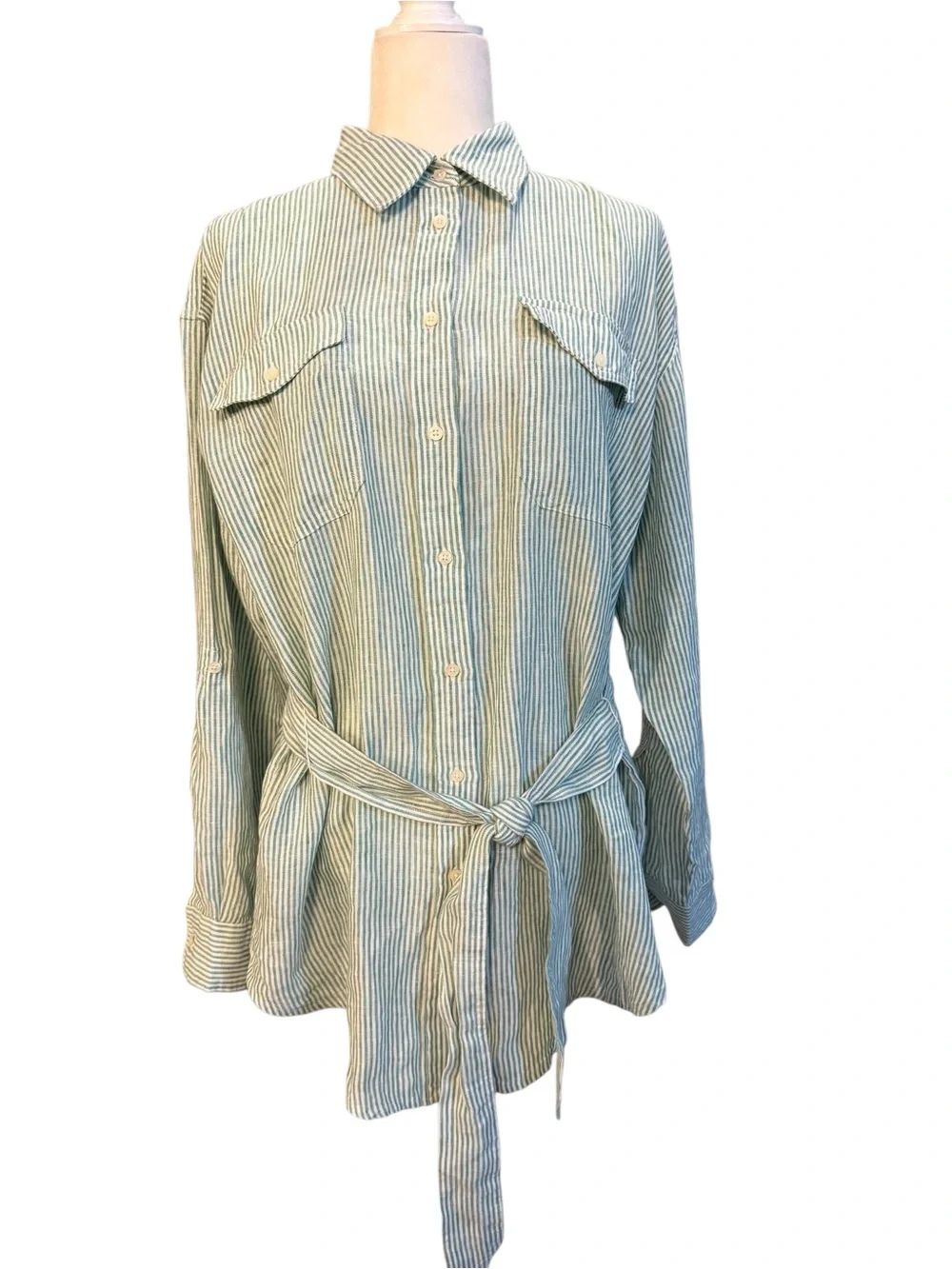 Ralph Lauren Relaxed Fit Striped Belted Linen Shirt NWOT Size Large
